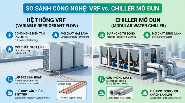 SO SÁNH VRF VÀ CHILLER MÔ ĐUN