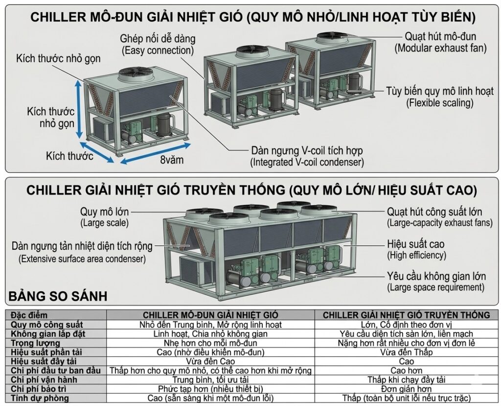 SO SÁNH CHILLER MÔ ĐUN GIÓ VÀ CHILLER GIÓ